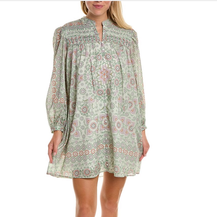 Joie Pleated Floral Mini Challensia Dress In Shale Green Multi, Size Small